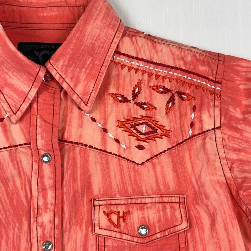 Cowgirl Hardware Women Orange Acid Wash Embroidered Western Snap Shirt Medium - Picture 2 of 10